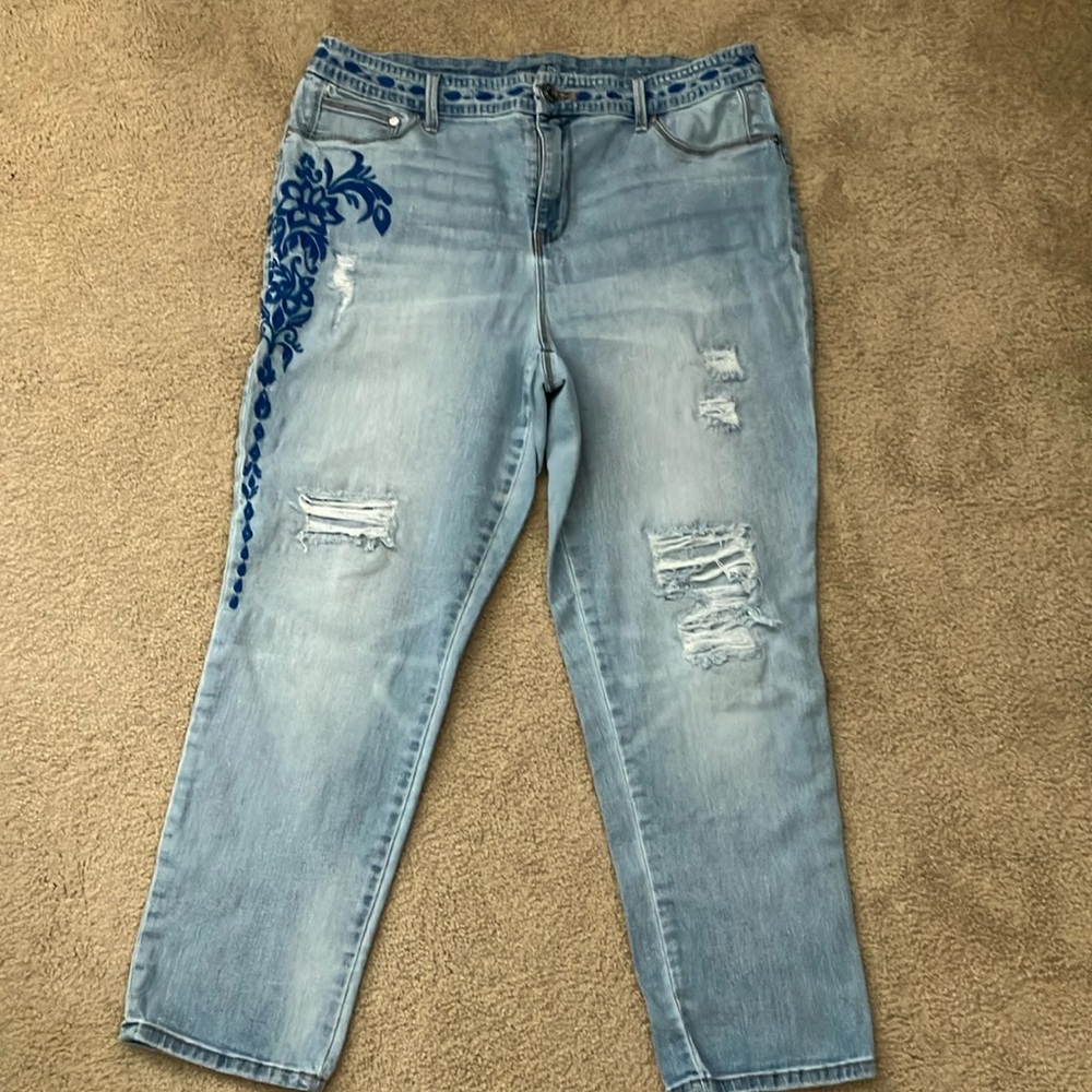 Blue Straight Leg Jeans with Distressed Details